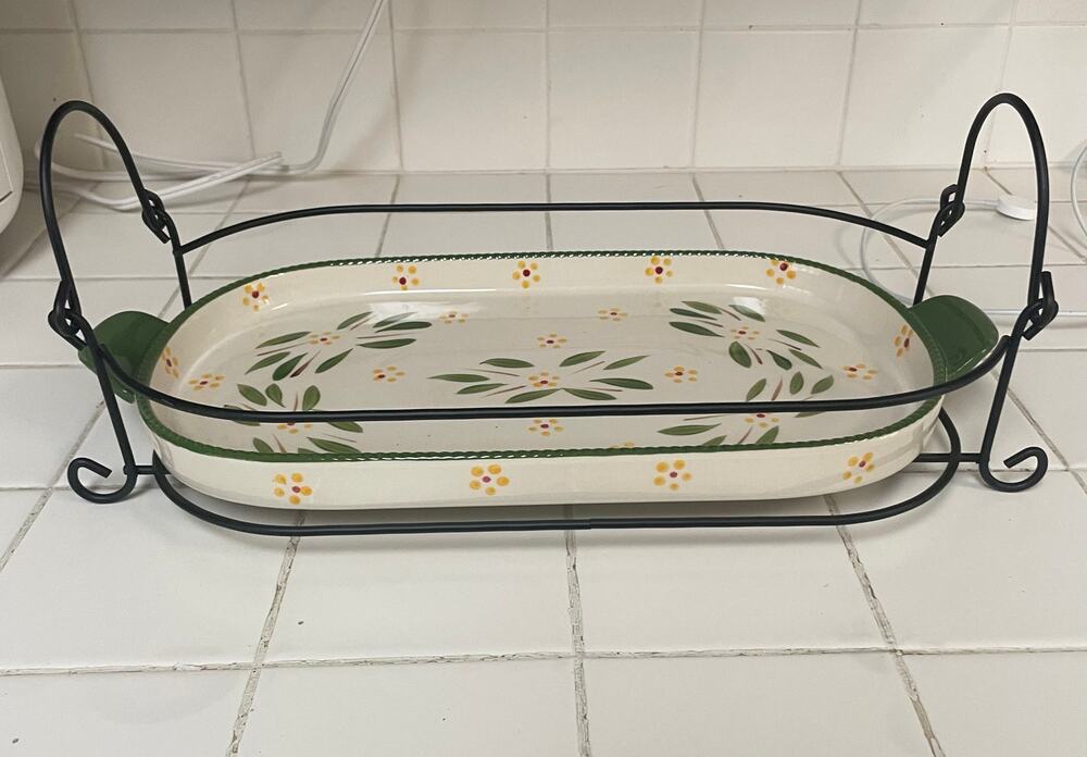 Temptations By Tara Old World Green Serving Baking Dish Platter With Carrier